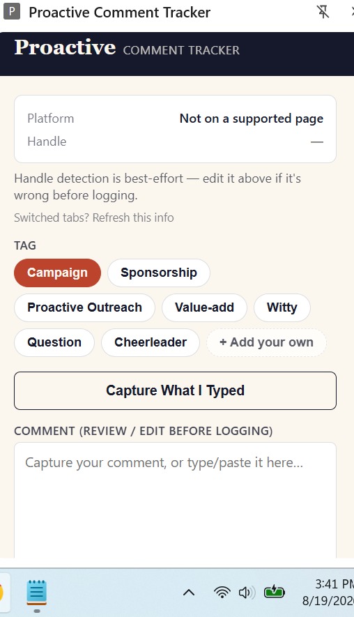 Actual Proactive Comment Tracker Chrome extension showing platform detection, comment tags, and Capture What I Typed workflow